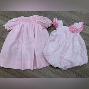 6 month Petit Ami smocked dress and seersucker bubble